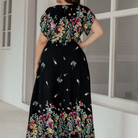 BellanBlue | Dresses | Plus Black Floral Print V Neck High Waist Maxi ...